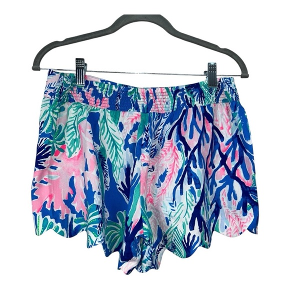 Lilly Pulitzer SzM Blue Pink Floral Dahlia Summer scalloped Beach women’s shorts - Picture 2 of 10